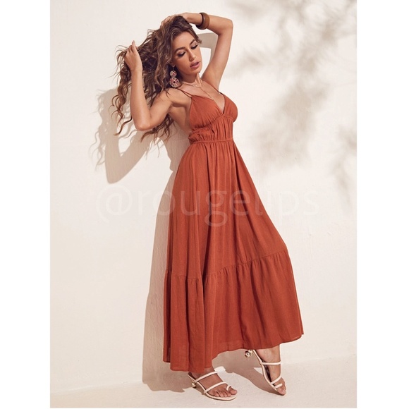 Burnt Orange Cami V-Neck Backless Criss Cross Straps Maxi Dress - Picture 2 of 12